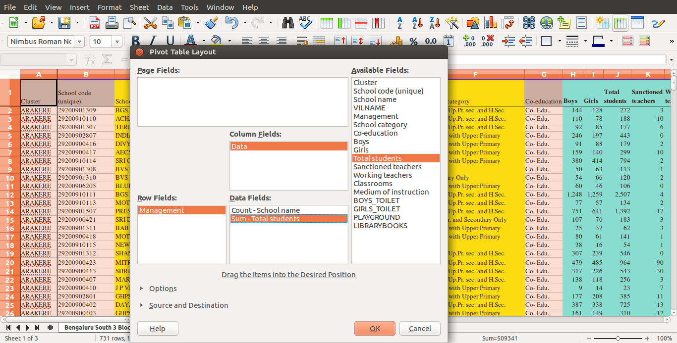 Insert data, row and column fields